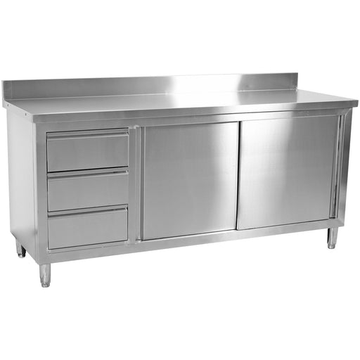 Commercial Worktop Floor Cupboard 3 Drawers Left 2 Sliding Doors Stainless Steel 1600x700x850mm Upstand | Vtc167 L3 B Makfry