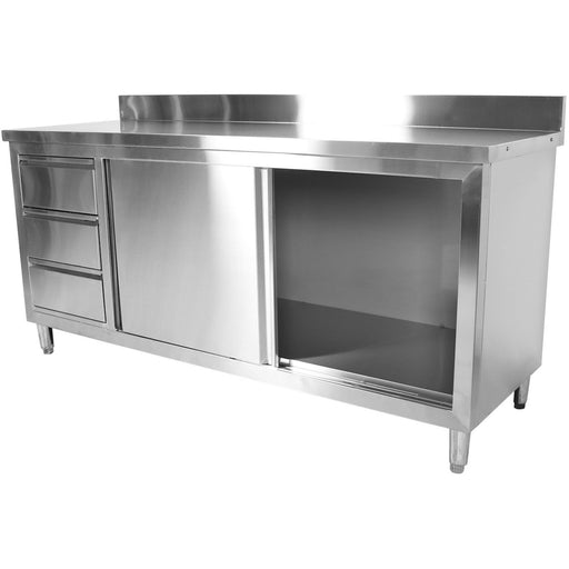 Commercial Worktop Floor Cupboard 3 Drawers Left 2 Sliding Doors Stainless Steel 1600x700x850mm Upstand | Vtc167 L3 B Makfry
