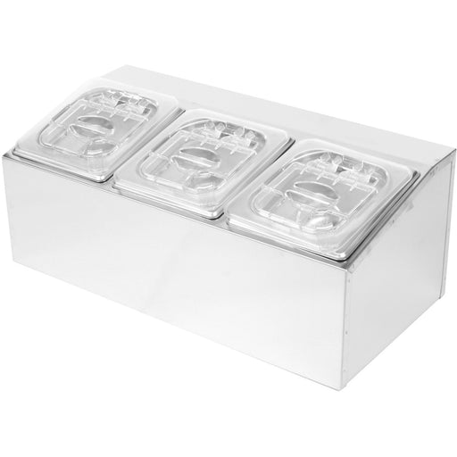 Commercial Condiment Holder including 3xGN1/6-100mm pans & fliptop lids |  CHD03APCFL Makfry
