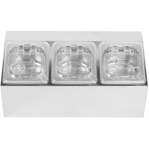 Commercial Condiment Holder including 3xGN1/6-100mm pans & fliptop lids |  CHD03APCFL Makfry