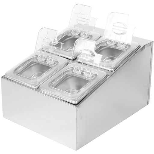 Commercial Condiment Holder including 4xGN1/6-100mm pans & fliptop lids |  CHD04BPCFL Makfry