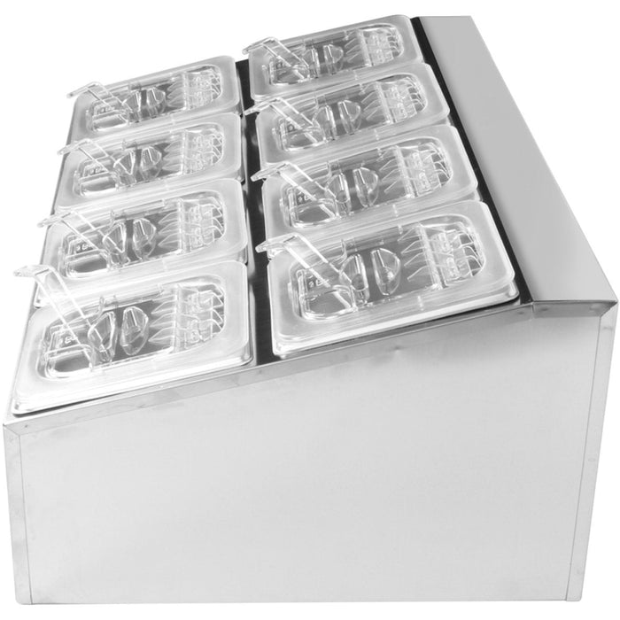 Commercial Condiment Holder including 8xGN1/6-100mm pans & fliptop lids |  CHD08BPCFL Makfry