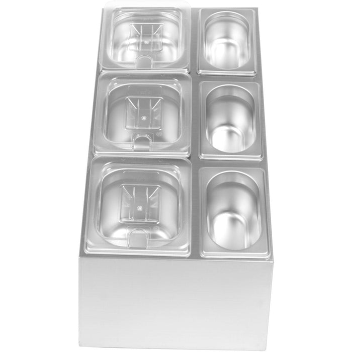 Commercial Condiment Pan Holder including 3xGN1/6 + 3xGN1/9 pans with recess lids & ladles |  CHM01 Makfry