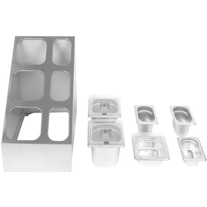 Commercial Condiment Pan Holder including 3xGN1/6 + 3xGN1/9 pans with recess lids & ladles |  CHM01D Makfry