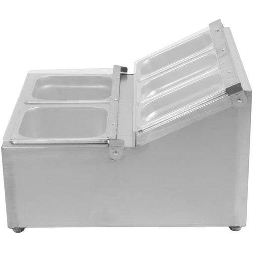 Commercial Condiment Holder including 2xGN1/6-100mm & 3xGN1/9-100mm pans & fliptop lids |  CHRLF04B2 Makfry