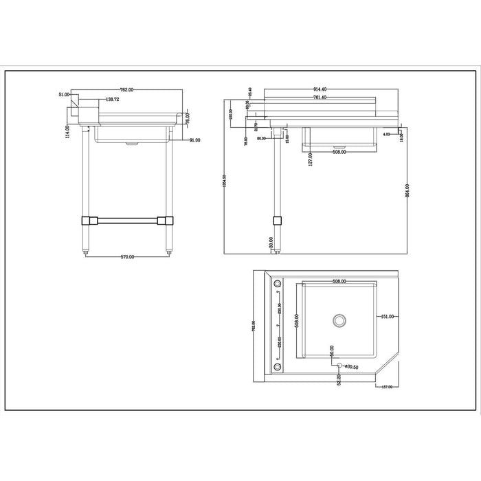 B GRADE Commercial Stainless steel Pass Through Dishwasher Table with Sink Left 914mm Width |  DC1T3036LEFTSINK B GRADE