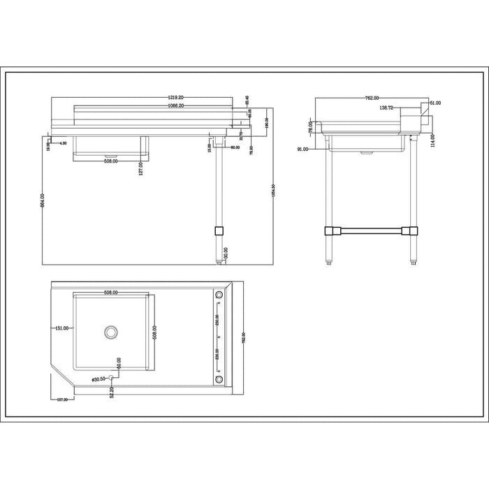 Commercial Stainless Steel Pass Through Dishwasher Table With Sink Right 1219mm Width | Dc1 T3048 Rightsink Makfry