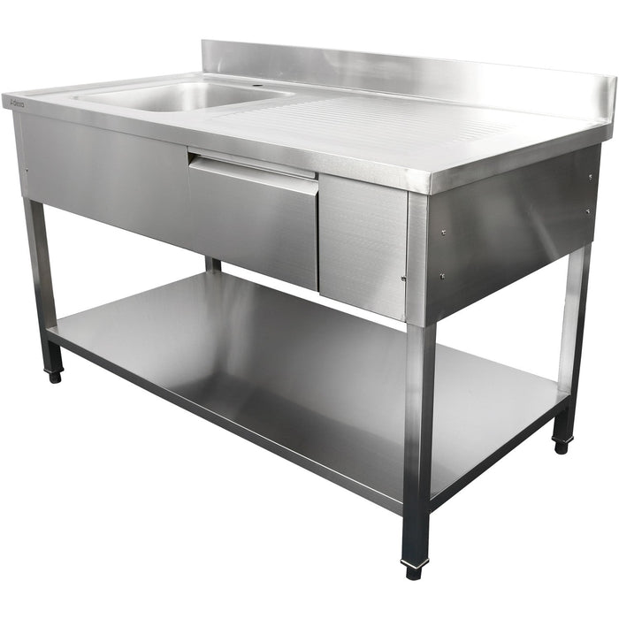 Commercial Sink With 1 Drawer Stainless Steel 1 Bowl Left Bottom Shelf Splashback 1400x600x950mm | Dsa140601 Dl Makfry