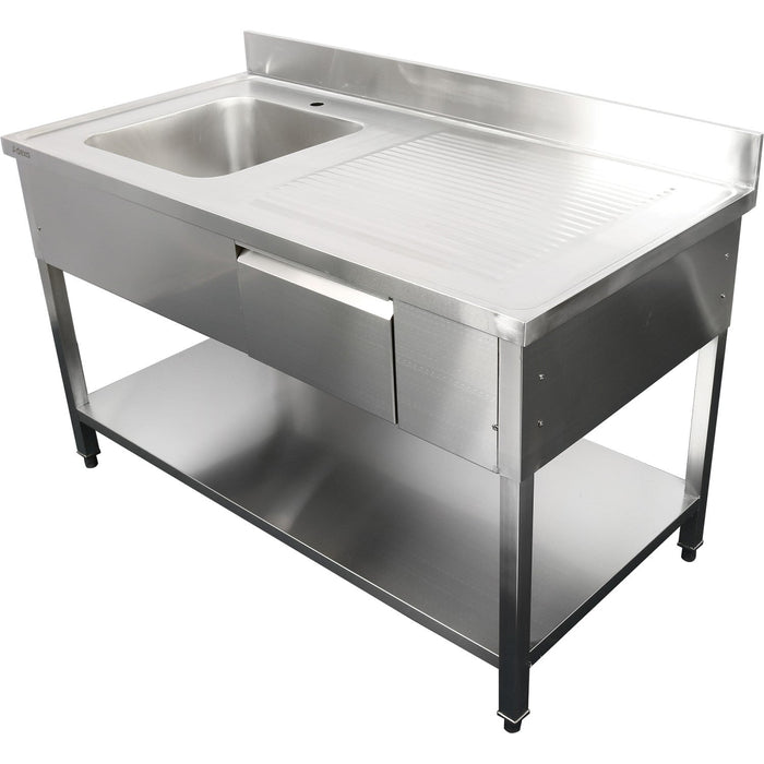 Commercial Sink With 1 Drawer Stainless Steel 1 Bowl Left Bottom Shelf Splashback 1400x600x950mm | Dsa140601 Dl Makfry
