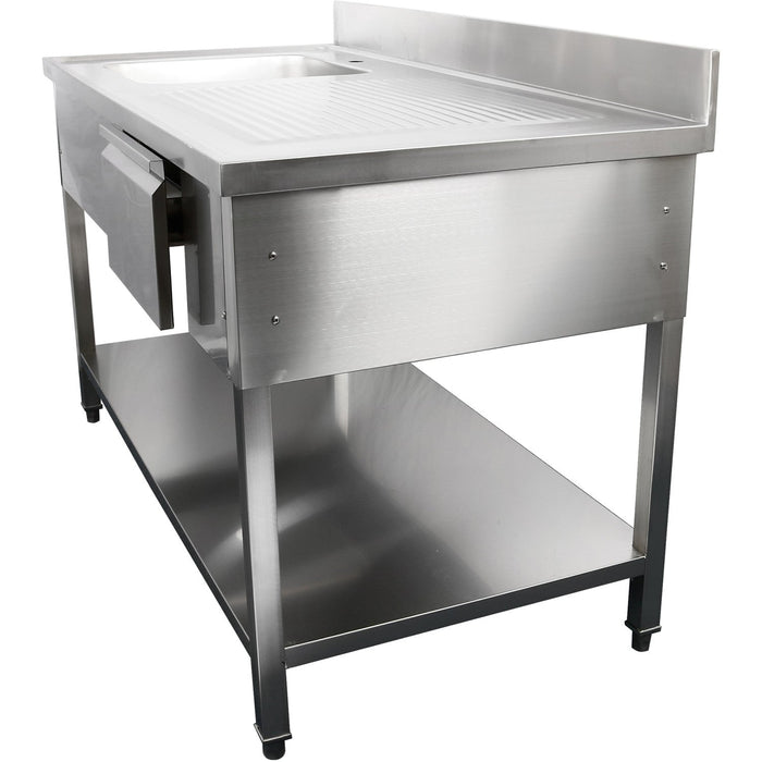 Commercial Sink With 1 Drawer Stainless Steel 1 Bowl Left Bottom Shelf Splashback 1400x600x950mm | Dsa140601 Dl Makfry