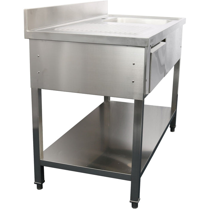Commercial Sink Stainless Steel 1200x600x950mm 1 Bowl To The Right 1 Drawer Splashback | Dsa120601 Dr Makfry