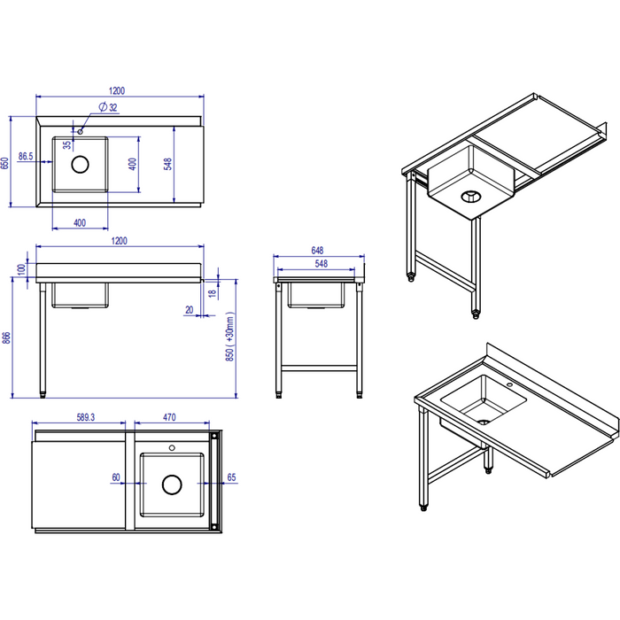 B GRADE Loading table Right side 1200x650x850mm With sink With splashback Stainless steel |  DWITA1265R B GRADE