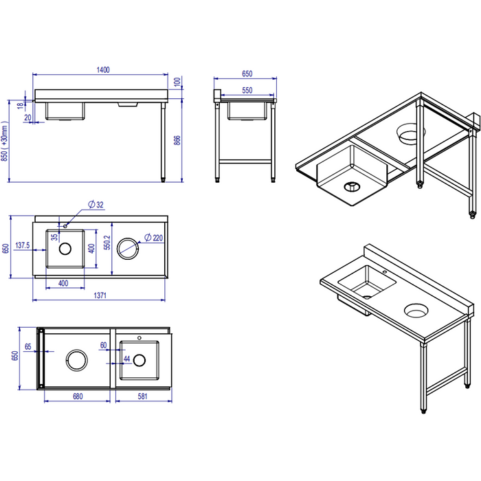 B GRADE Loading table Left side 1400x650x850mm With sink With waste hole With splashback Stainless steel |  DWITC1465R B GRADE