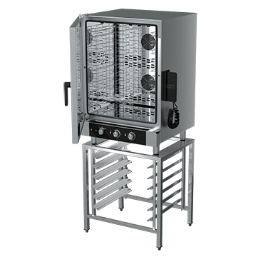 Blue Seal Turbofan EC40M10 and SK40-10A - Full Size 10 Tray Manual / Electric Combi Oven on a Stainless Steel Stand