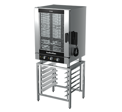 Blue Seal Turbofan EC40M10 and SK40-10A - Full Size 10 Tray Manual / Electric Combi Oven on a Stainless Steel Stand