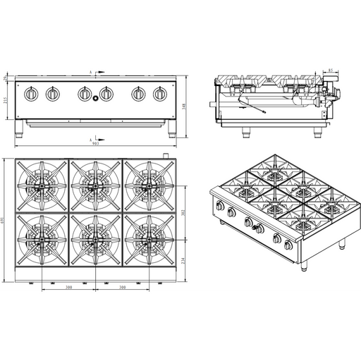 Infernus 6 Burner Hob Gas Hotplate Cooker - 90cm/36" Canmac Catering Equipment