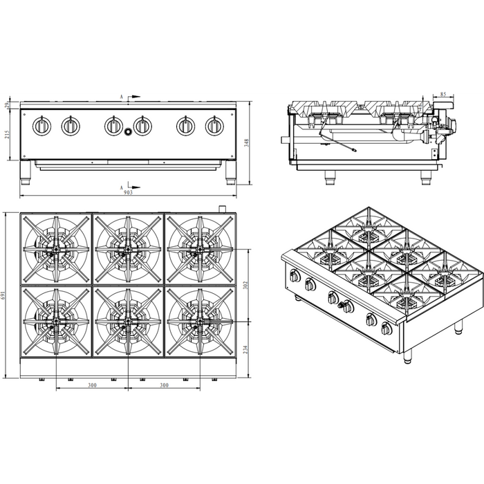 Infernus 6 Burner Hob Gas Hotplate Cooker - 90cm/36" Canmac Catering Equipment
