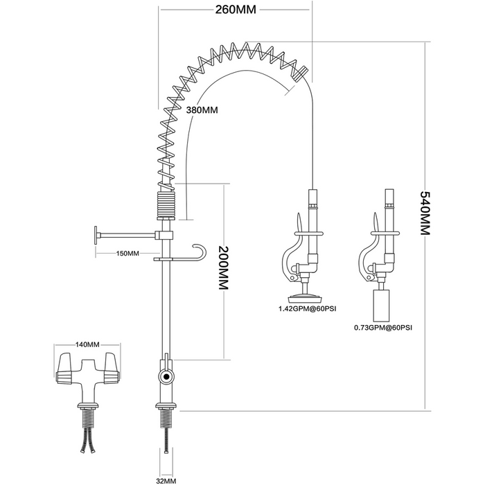 Pre Rinse Spray Unit Deck mount Double inlet Height 600mm Stainless steel |  EQ7801A Makfry