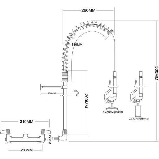 Pre Rinse Spray Unit Wall mount Double inlet Height 500mm Stainless steel |  EQ7802A Makfry