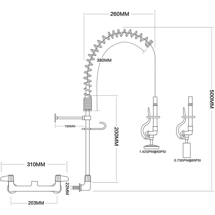 Pre Rinse Spray Unit Wall mount Double inlet Height 500mm Stainless steel |  EQ7802A Makfry