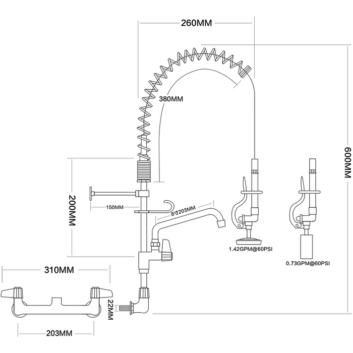 B GRADE Pre Rinse Spray Unit with Swing faucet Wall mount Double inlet Height 600mm Stainless steel |  EQ7802A08 B GRADE