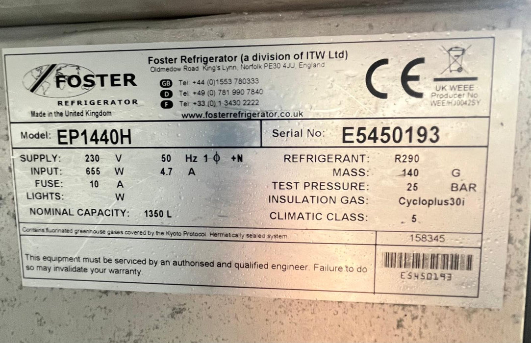 Foster EP1440H Stainless Steel Double Door Fridge 1350 Litres-Refurbished Canmac Refurbished