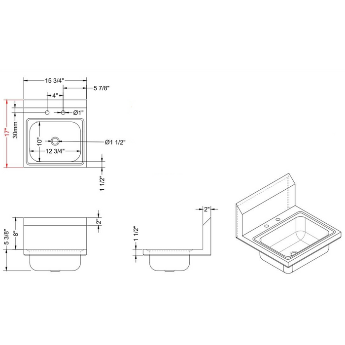 Wall mounted Hand Sink Deck mounted faucet Stainless steel |  HS15DH