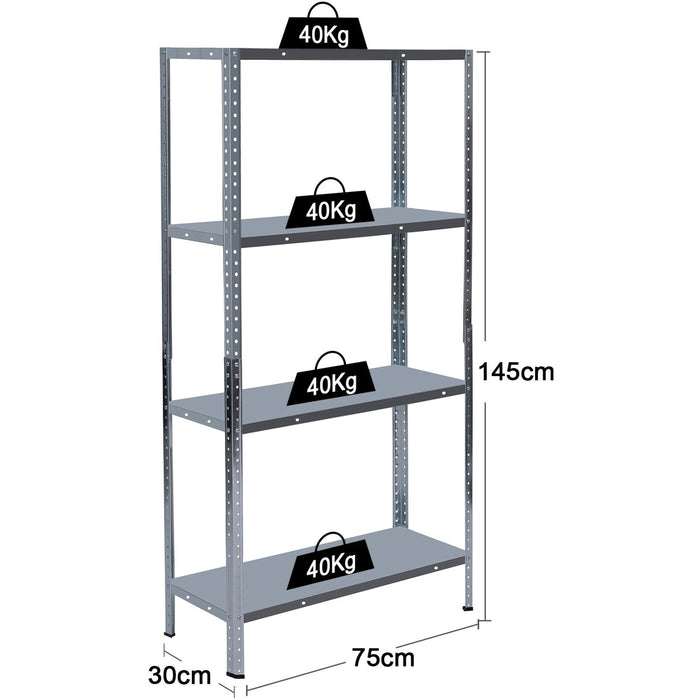 Galvanized Steel Shelving Unit 4-Tier 160kg Capacity (40kg per shelf) 750x300x1450mm |  KFT42 Makfry