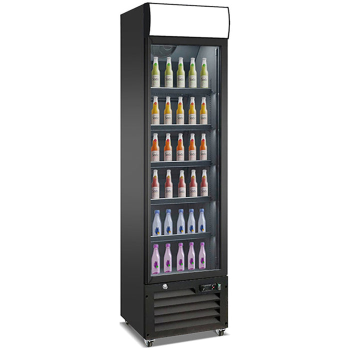 Commercial Bottle Cooler Upright 220 litres Single Glass Door with LED Canopy in Black |  KXG220H