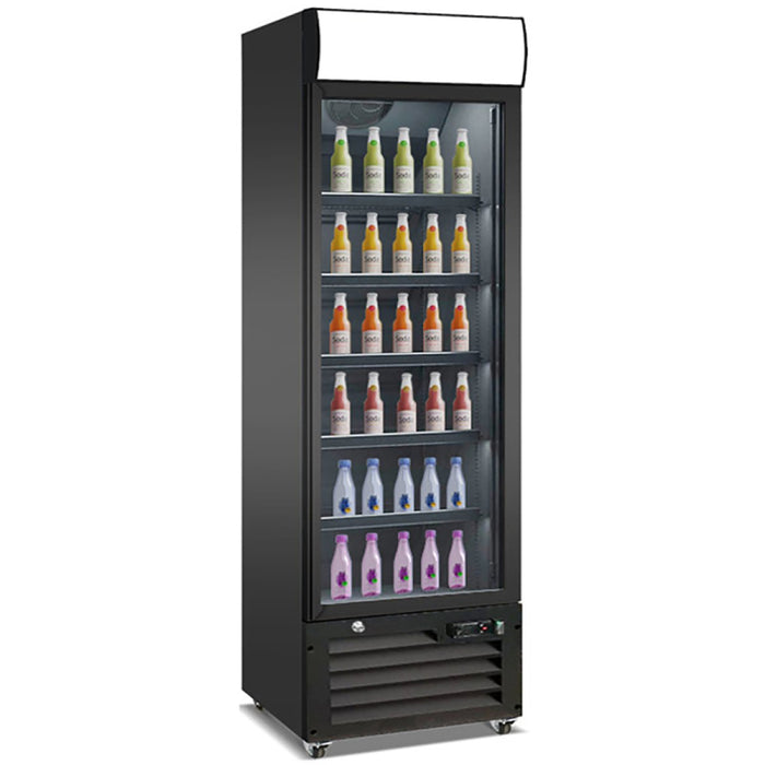 Commercial Bottle Cooler Upright 400 litres Single Glass Door with LED Canopy in Black |  KXG400H