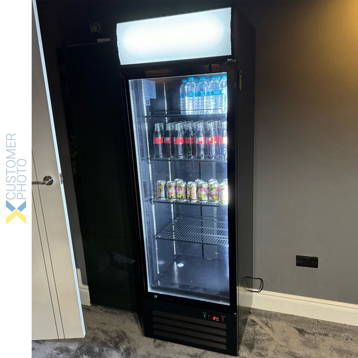 Commercial Bottle Cooler Upright 400 litres Single Glass Door with LED Canopy in Black |  KXG400H