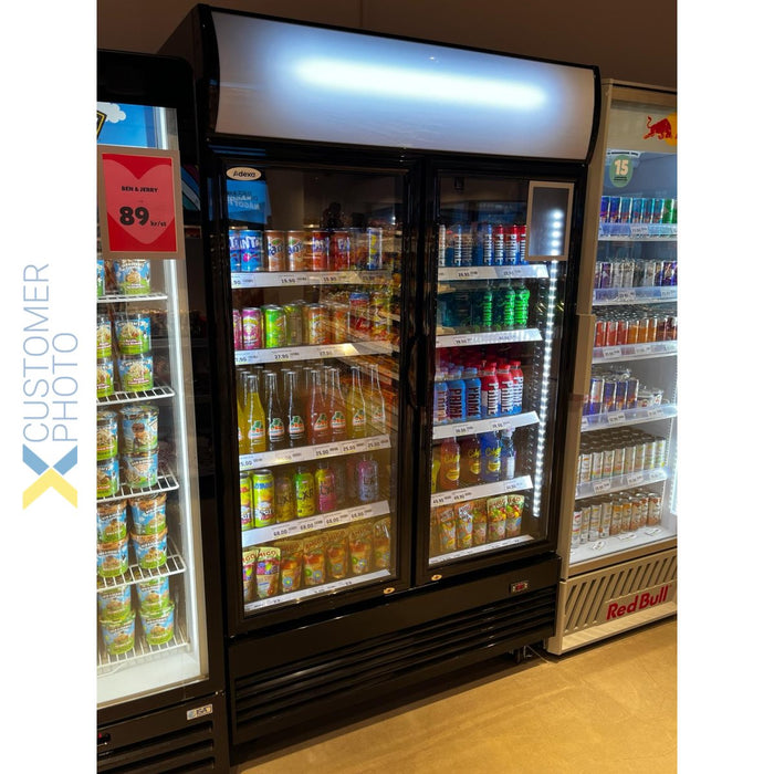 Commercial Bottle cooler Upright 930 litres Ventilated cooling Twin hinged doors Black Canopy light |  LG1000BFMBLACK