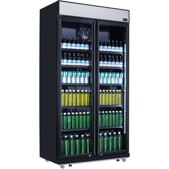 B GRADE Commercial Bottle cooler Upright 773 litres Fan cooling Twin hinged doors Black Canopy Light |  LG805BBLACK B GRADE