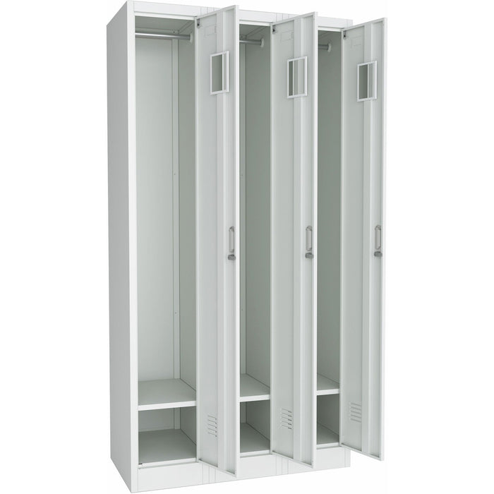 B GRADE Commercial Grey Three Door Locker with Clothes Hanger, Fixed Shelf and Mirror 900x450x1800mm |  LOCKER3TW B GRADE Makfry