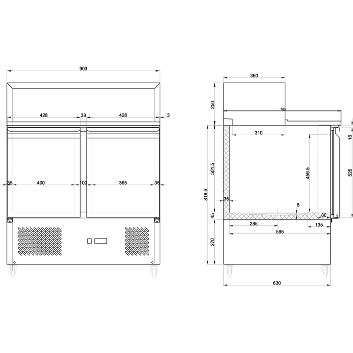 B GRADE Pizza Prep Table 2 doors Stainless steel Pizza top 5xGN1/6 Depth 700mm |  PS900 B GRADE