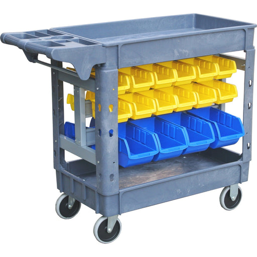 Professional 2-Tier Utility Trolley with Storage Bin Rack & 32 Plastic Bins 227kg Capacity 790x430mm |  PSB7943232A Makfry