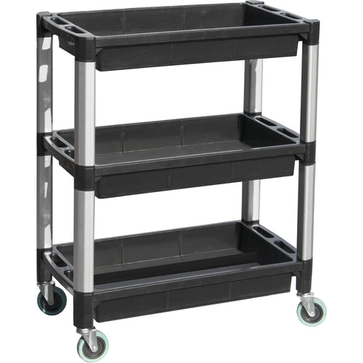 Professional Heavy Duty 3-Tier Plastic Utility Trolley with Raised Edge Trays & Steel Legs 136kg Capacity 760x410mm |  PUC76413 Makfry