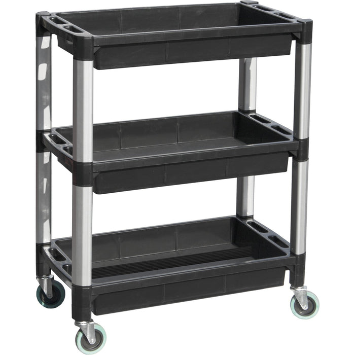 Professional Heavy Duty 3-Tier Plastic Utility Trolley with Raised Edge Trays & Steel Legs 136kg Capacity 760x410mm |  PUC76413 Makfry
