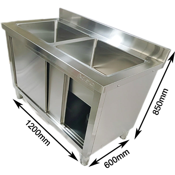 Commercial Stainless Steel Sink With Cupboard &Amp; Splashback 2 Bowls 1200x600x850mm | Qnh1004 Makfry