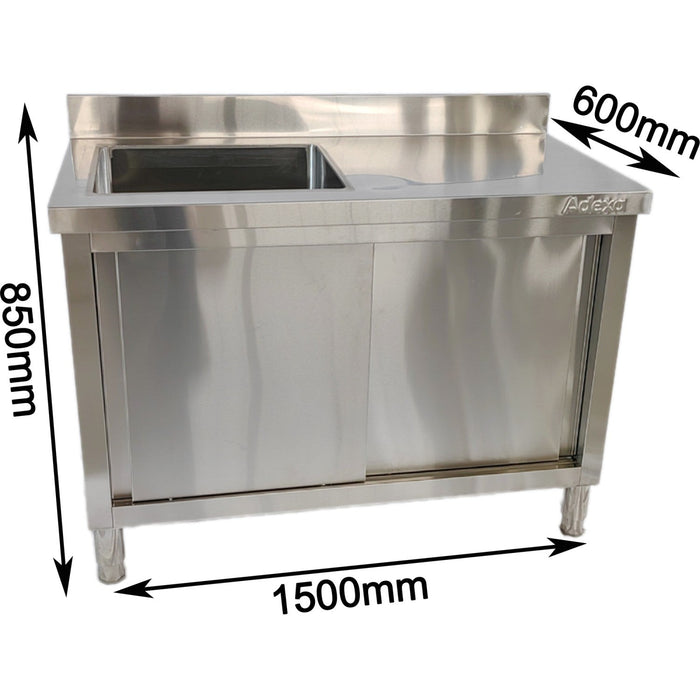 Commercial Stainless Steel Sink With Cupboard &Amp; Splashback 1 Bowl Left Side 1500x600x850mm | Qnh1006 Makfry