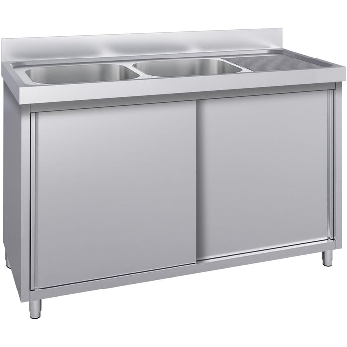 B Grade Commercial Stainless Steel Sink With Cupboard &Amp; Splashback 2 Bowls Left Side 1500x600x850mm | Qnh1008 B Grade Makfry