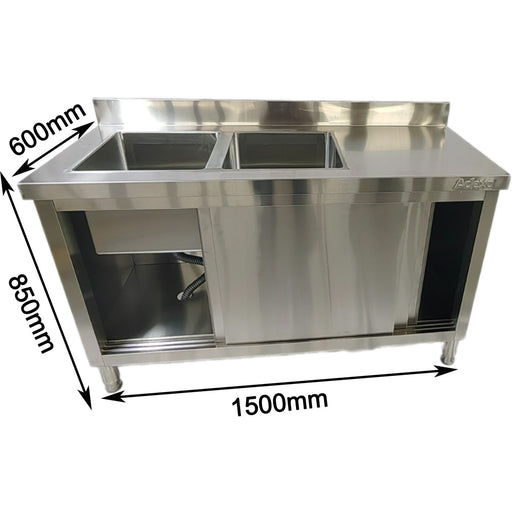 B Grade Commercial Stainless Steel Sink With Cupboard &Amp; Splashback 2 Bowls Left Side 1500x600x850mm | Qnh1008 B Grade Makfry