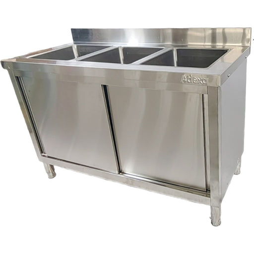 Commercial Stainless Steel Sink With Cupboard &Amp; Splashback 3 Bowls 1500x600x850mm | Qnh1010 Makfry