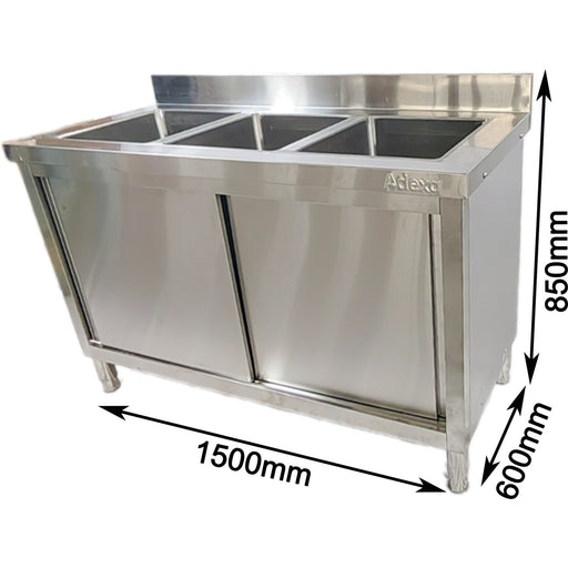 Commercial Stainless Steel Sink With Cupboard &Amp; Splashback 3 Bowls 1500x600x850mm | Qnh1010 Makfry