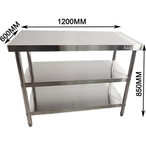 Commercial 3-Tier Stainless Steel Work Table with Undershelves 1200x600x850mm |  QNH1104 Makfry