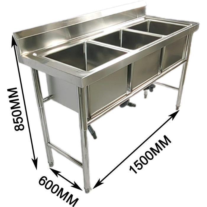 Commercial Stainless Steel Triple Sink With Splashback And Stand 1500x600x850mm | Qnh702 Makfry