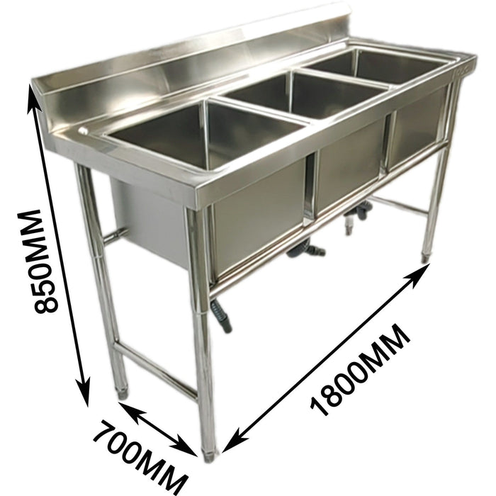 Commercial Stainless Steel Triple Sink With Splashback And Stand 1800x700x850mm | Qnh708 Makfry