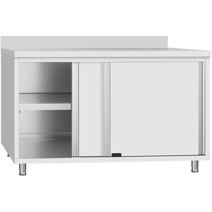 Commercial Stainless Steel Sliding Door Work Table Cabinet With Shelf And Backsplash 1200x600x950mm | Qnh802 Makfry
