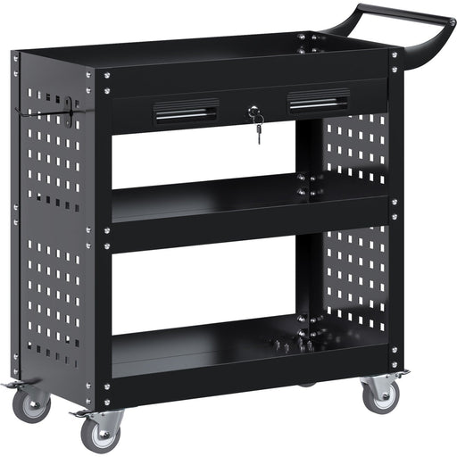 Professional 3 Tier Trolley Cart with Drawer 700x350x780mm Black |  SART212 Makfry
