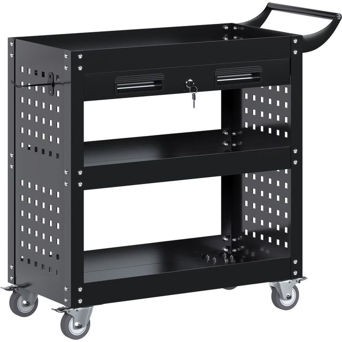 Professional 3 Tier Trolley Cart with Drawer 700x350x780mm Black |  SART212 Makfry